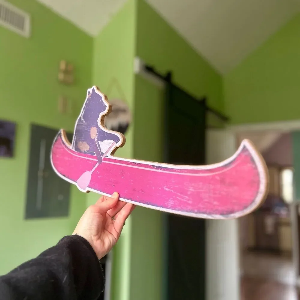 Cute Cabin Cottage Bear Rowing Boat Wooden Wall Sign Decor